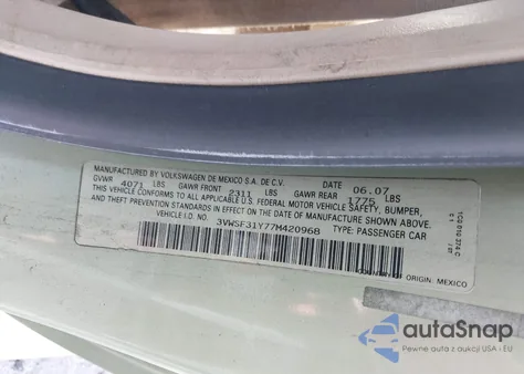 2007 Volkswagen New Beetle 2.5 from USA, damaged, VIN 3VWSF31Y77M420968